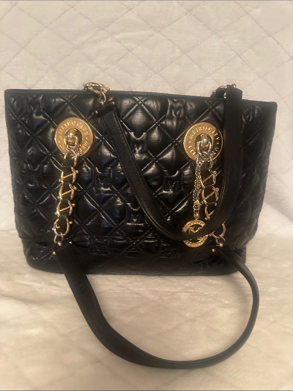 Quilted Black Shoulder Tote with Gold Chain Hardware